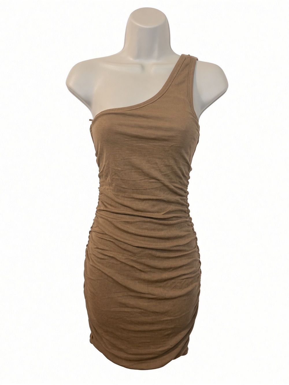 L*SPACE Alana Dress M Camel One Shoulder Ruched NWT